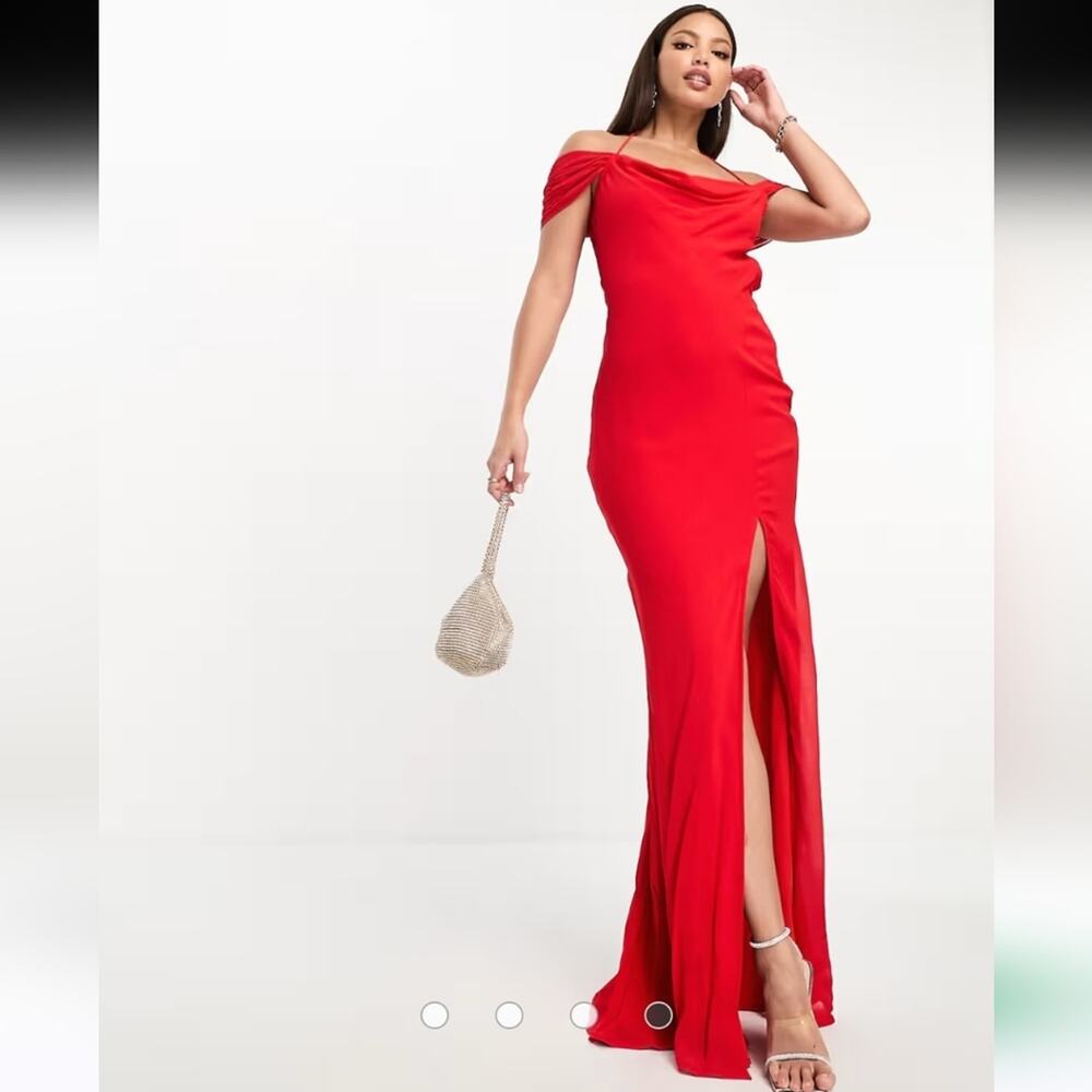 ASOS Red Off-Shoulder Maxi Dress with Front Slit